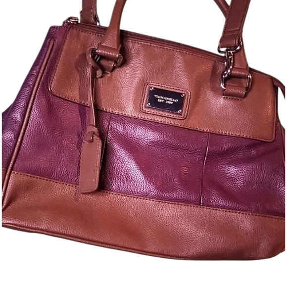 Tignanello Handbags - Tignanello Colorblock Plum and Tan Pebbled Leather Satchel and Crossbody Bag